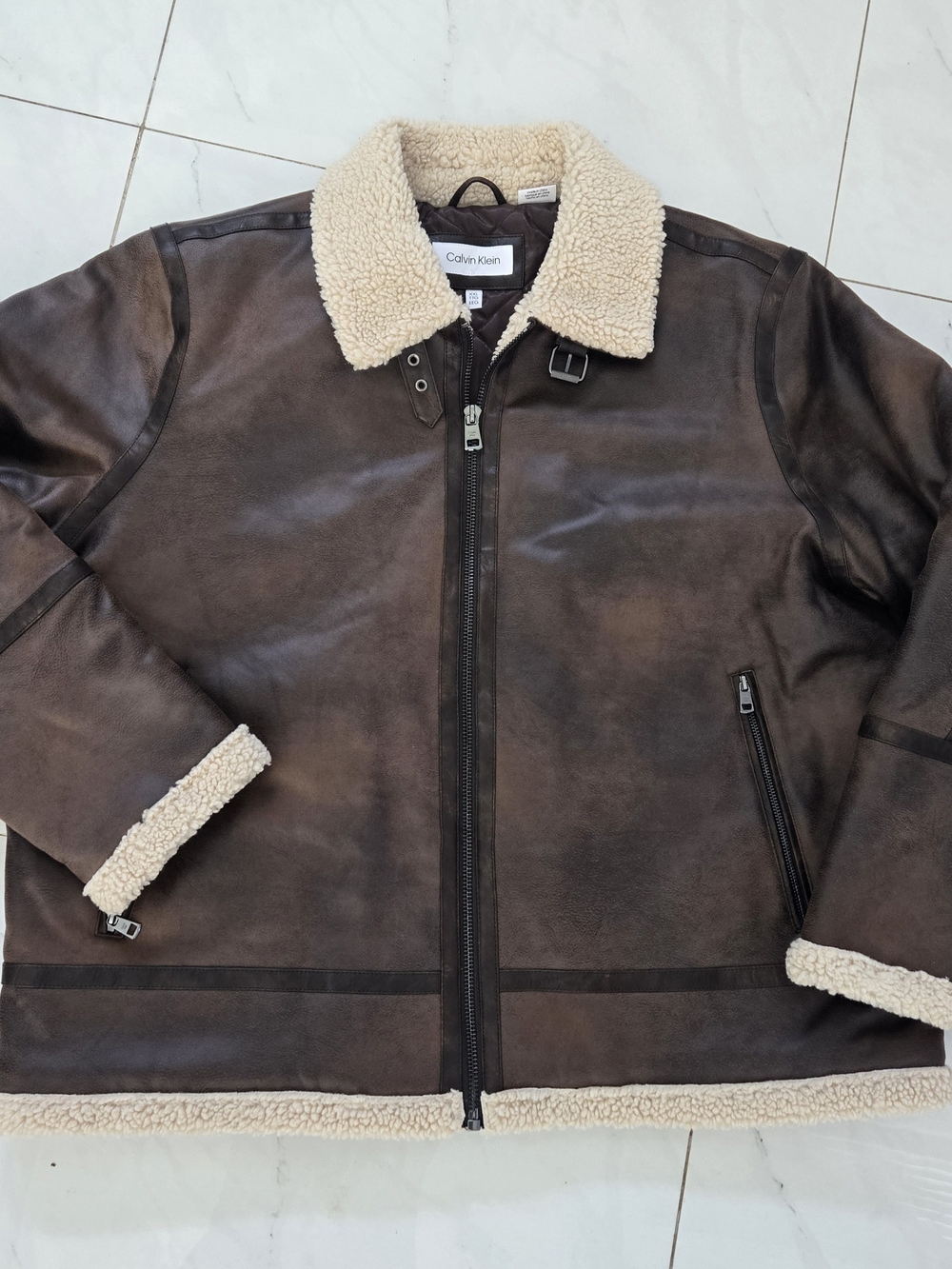 Calvin Klein Men's Dark Brown Bomber Jacket with Cream Shearling Collar
